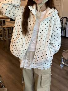 DAZY Women's Hooded Polka Dot Korean Style Casual Long Sleeve Jacket - Apricot - View 4