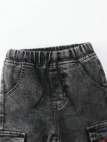 SHEIN 小男孩牛仔長褲 全季街頭休閒復古 嬰兒藍 3D口袋工裝褲 鬆緊腰帶 高級棉質面料 日常外出上學冬季款 - 黑色 - 查看 5