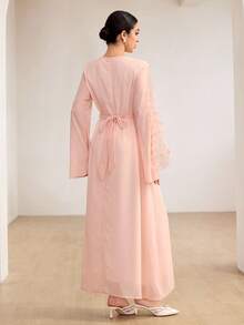 Graceveil Blush Pink Embroidered Patchwork Chiffon Waist Tie Elegant Romantic Wedding Autumn Women Long Dress Party - Pink - View 3