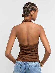 Maija Women's Summer Sexy Elegant Solid Color Cowl Neck Backless Halter Top, Off The Shoulder Top, Going Out Date Night Night Out Outfits Coffee Brown - Brown - View 3