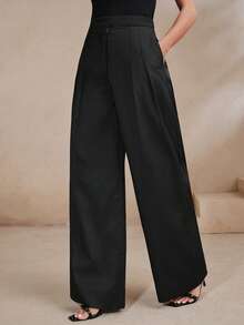 Anewsta Essential Urban Modern Retro Professional Commute Casual Versatile Solid Black High Waist Contrast Trim Design Drape Long Women's Suit Pants - Black - View 5
