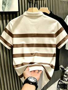 Manfinity Hypemode 男士成熟風條紋 Polo 衫，小馬標誌，中性短袖，夏季商務休閒 - 彩色 - 查看 2