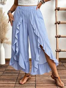 Weeklong Plus Size Women's Floral Print Vacation Style Split Hem Ruffle Wide Leg Pants Fall - Sky Blue - View 5