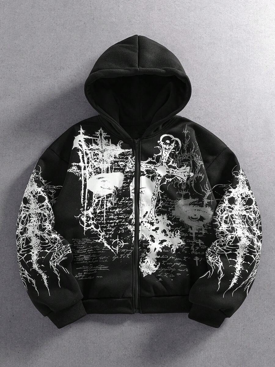 ROMWE MEN Street Life Men's Casual Graphic Street Pattern Gothic Print Cardigan Hoodie - Black - View 1