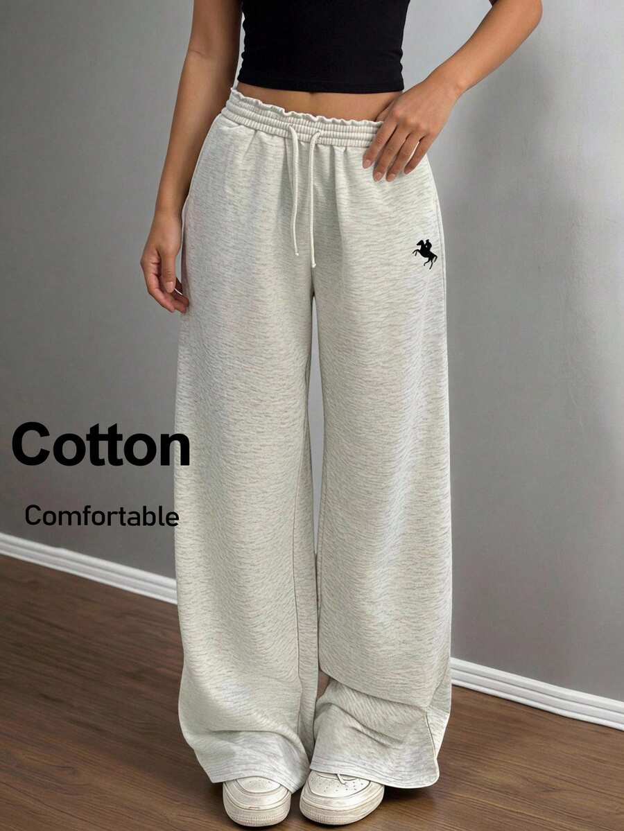 SHEIN Tween Girl Knight Embroidery Drawstring Waist Loose Casual Sweatpants - Grey - View 1