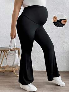 Plussiva 孕妇休闲可调节腰部纯色喇叭裤 - 黑色 - 查看 1
