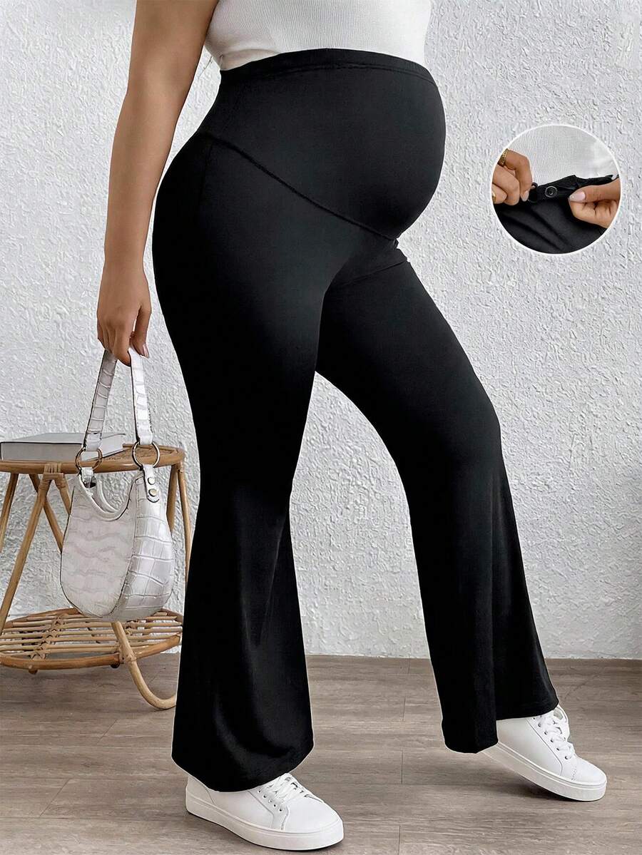 Plussiva 孕妇休闲可调节腰部纯色喇叭裤 - 黑色 - 查看 1