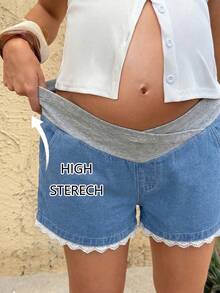 SHEIN Shorts de mezclilla casuales de maternidad con bloques de color y cintura asimétrica - Azul - Ver 7