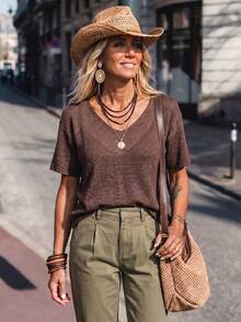 LanaWest Women's Solid Color V-Neck Casual Boho Daily Short Sleeve Knit Top Vacation Dark Brown Summer - Brown - View 1