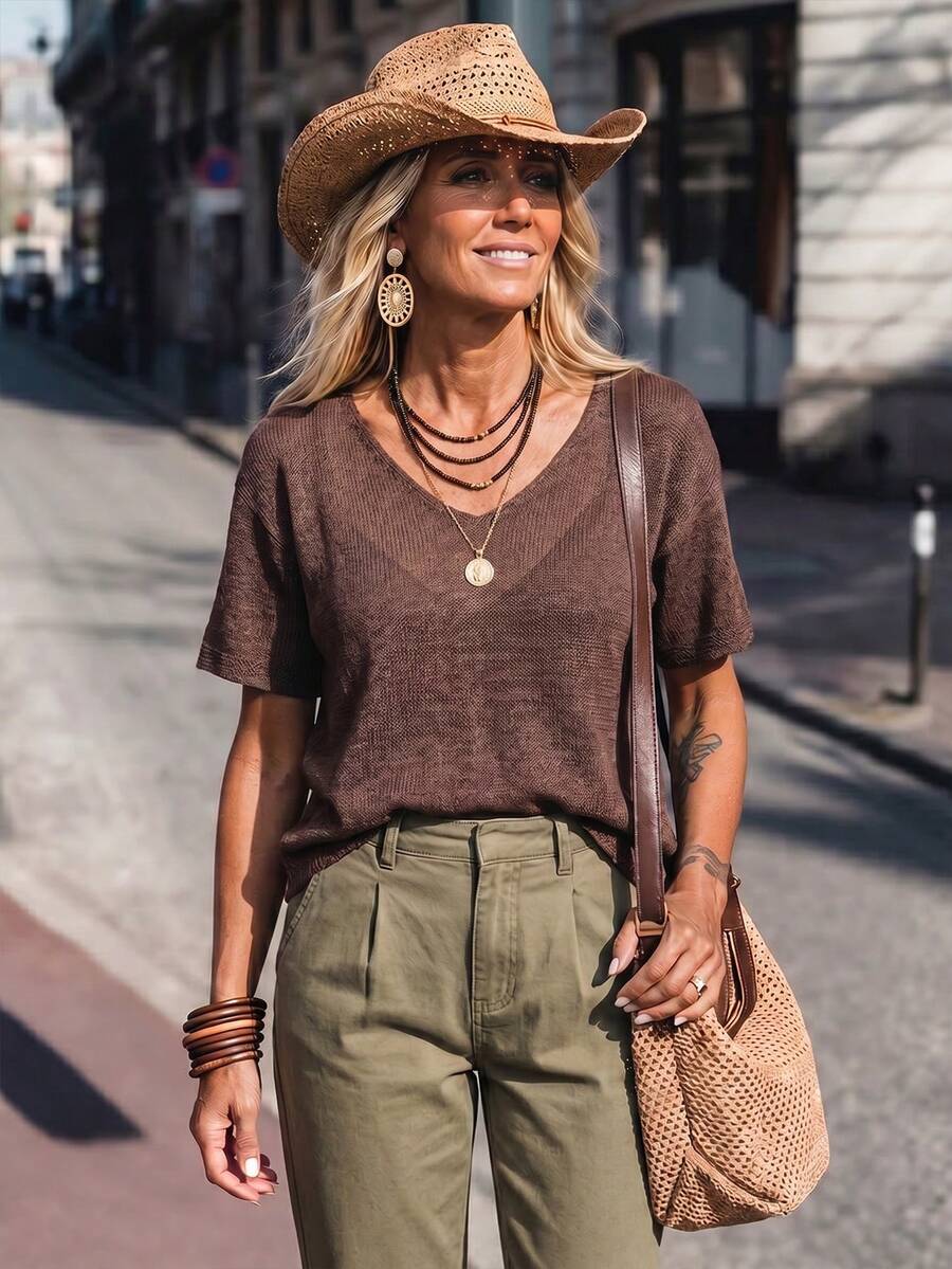 LanaWest Women's Solid Color V-Neck Casual Boho Daily Short Sleeve Knit Top Vacation Dark Brown Summer - Brown - View 1