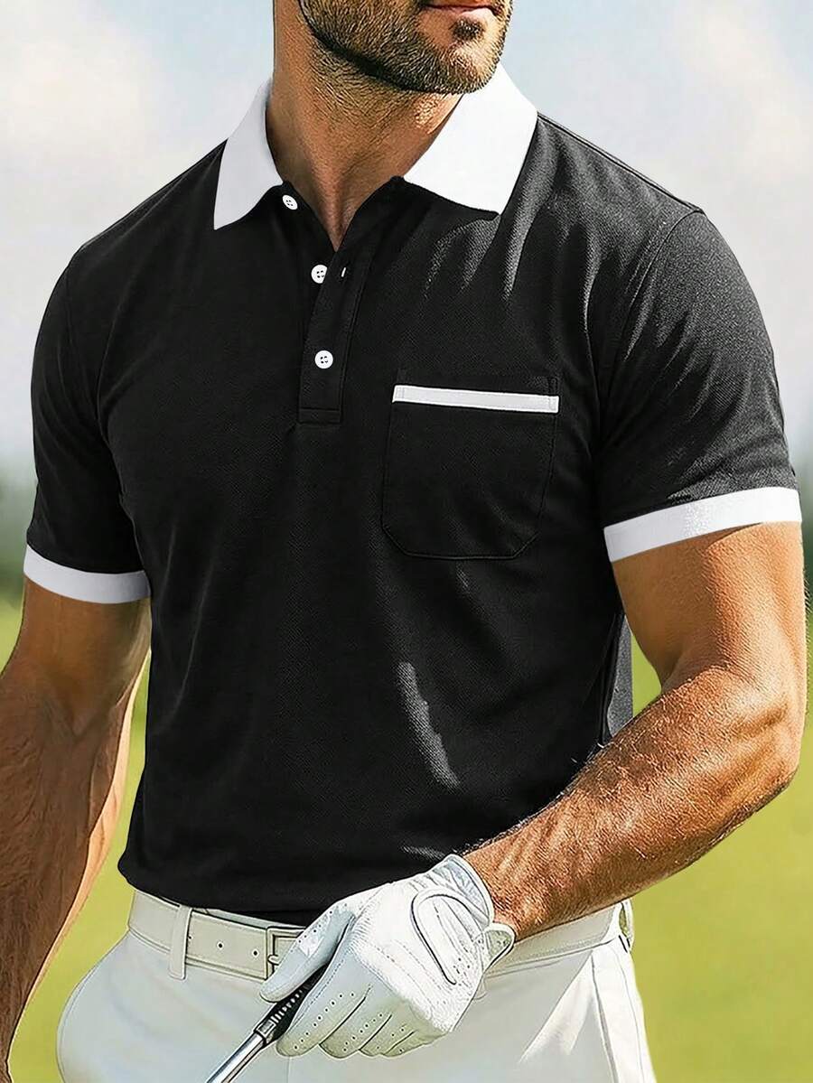 Manfinity CasualCool 男士對比色休閒通勤短袖 Polo 衫 - 黑與白 - 查看 1