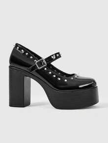 Sugerpunk Women's High-Heeled Thick-Soled Thick-Heeled Sandals, Punk Style, Dark Retro Square Toe, Rivet Circumference Design, Thick-Soled Shoes - Black - View 6