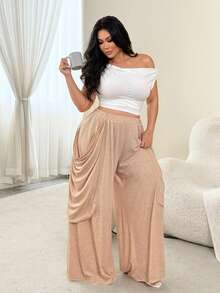 NU&NOW Plus Size Women's Loose Fit Elastic Waist Pants With Large Side Pockets Fall - Apricot - View 2