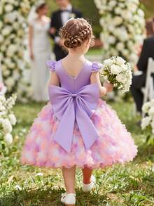 SHEIN Glamorique Kids 女嬰公主洋裝，紫色3D花朵網紗裙，荷葉袖，大蝴蝶結背部設計，生日派對、婚禮節日禮服、舞會洋裝、畢業洋裝、夏季洋裝 - 紫色 - 查看 3