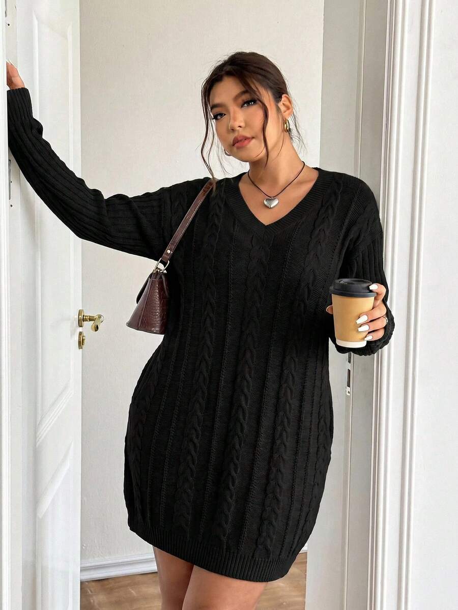 Flirla فستان صوفي كبير الحجم بطول يصل إلى الركبة بنمط الجزء المتعرج - الأسود - مشاهدة 1