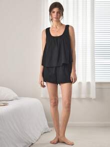 Ocili 100%純棉波希米亞風舒適簡約女款居家服套裝 - 黑色 - 查看 3