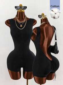 Amplova Women's Solid Color Backless Round Neck Sleeveless Fashionable Minimalist Tight Jumpsuit, Summer - Black - View 3