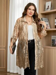 Reflora Plus Size Women's Floral Mesh Ruffle Sleeve Long Elegant Blouse - Khaki - View 6