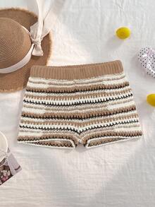 SHEIN Unity Pantalones de suéter de punto mini con rayas degradadas versátiles y lindos para vacaciones para mujer - Marrón - Ver 1