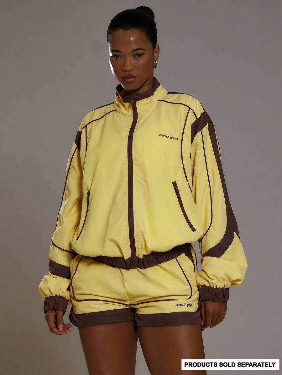 Musera Sport Contrast Oversized Wind Breaker Funnel Neck Jacket Sports Workout Gym Girly Pilates Fitness Daily - Yellow - View 1
