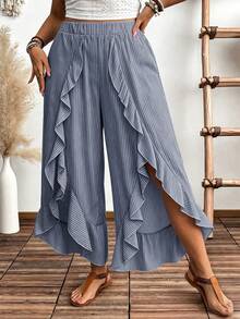 Weeklong Plus Size Women's Floral Retro Print Vacation Style Split Hem Ruffle Wide Leg Pants Fall - Navy Blue - View 4