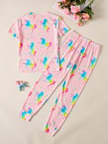 SHEIN 青少年女孩休閒日常百搭舒適卡通圖案修身居家服 - 粉色 - 查看 6
