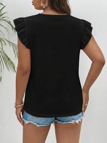 SHEIN Frenchy 女款 100% 純棉鏤空刺繡荷葉邊圓領蕾絲 T-shirt，夏季白色休閒西式風 - 黑色 - 查看 2