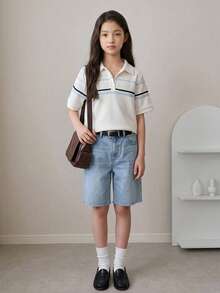 DAZY 基本領條紋對比色短袖上衣 青少年女孩 T恤 - 米色 - 查看 7