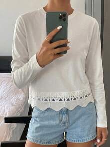 DAZY 女士纯色圆领短袖蕾丝拼接休闲夏季上衣 - 白色 - 查看 3