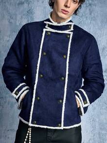 ROMWE MEN Men's Colorblock Stand Collar Fashion Versatile Casual Jacket - Blue - View 4