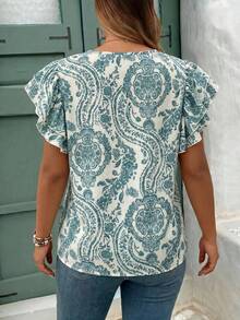SHEIN CURVE+ Damen Große Größen Bluse mit Blume Muster, rundem Ausschnitt und Rüschenärmeln, locker geschnitten, Sommer Urlaubs Landhausstil - Grün - Übersicht 2