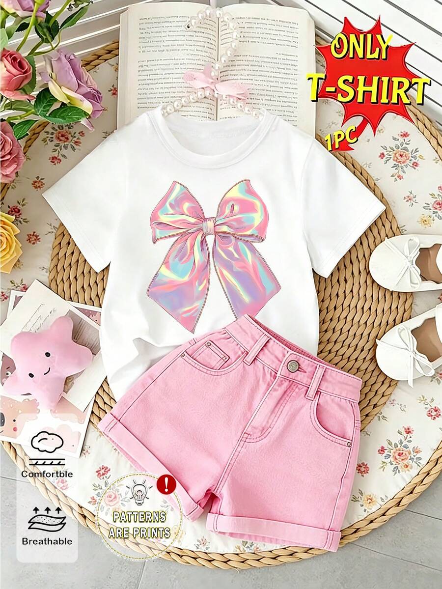 (1 Pc) Baby Girl Fresh Cute Minimalist Pink Colorful Bow Pattern Basic White Short T-Shirt, Comfortable For All Seasons, Daily Wear - White - View 1