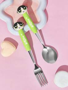 THE POWERPUFF GIRLS X SHEIN 1件/2件裝 可愛卡通心形銀色餐具 湯匙與叉子套組 餐具 情人節禮物 - 綠色 - 查看 2