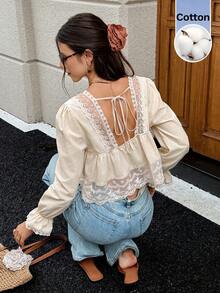 Serisse 女款蕾絲拼接前綁帶襯衫 - 杏色 - 查看 10