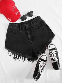 SHEIN Essnce Raw Hem Embroidery Denim Shorts - Black - View 2