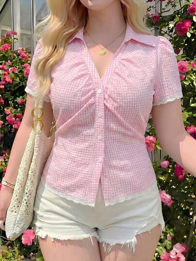 SHEIN MOD Plus Size Women's Plaid Single-Breasted Casual Versatile Daily Short Sleeve Shirt