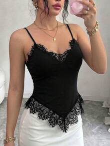 Elenzga Sexy Contrast Lace Trim V-Neck Camisole, Flirty Sexy Slim Fit Body-Flattering Tank Top Night Out Date Night Black Summer - Black - View 5