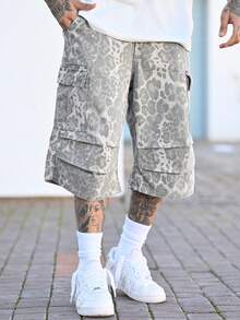 Devon Thys Vintage Leopard Print Cargo Shorts With Multiple Pockets, Letter & Music Note Graphic Design, Loose Fit Straight Leg, Casual Street Style, Summer - Khaki - View 5