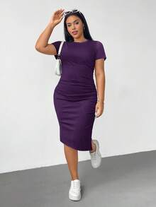 Shapeblank Plus Size Women's Dark Purple Short Sleeve Slit Slim Mid-Length Dress,Elastic Comfortable Autumn Smart Casual Night Out Club Basic Daily Versatile - Purple - View 3