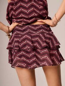 Willow Rêve Women's Brown Geometric Pattern Double Layer Chiffon Flirty Mini Skirt, Boho Style, Valentine's Day Style, Romantic Vacation Style, Travel,Skirt - Red - View 5