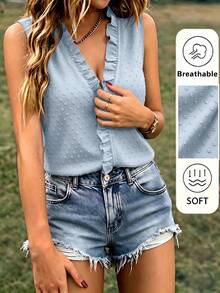 EMERY ROSE Camisa casual sin mangas con volantes y textura para mujer - Lavado ligero - Ver 3