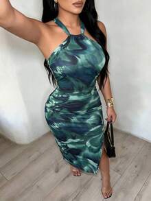 GlowEve CURVE 大码女式夏季时尚沙滩度假印花褶皱高开衩吊带连衣裙 - 彩色 - 查看 3