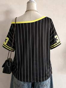 DrmWander LOONEY TUNES X SHEIN Plus Size Women Letter & Stripe Print Asymmetrical Shoulder Short Sleeve Casual T-Shirt - Multicolor - View 2