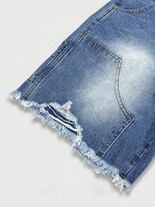 Manfinity EMRG Men's Summer Washed Blue Distressed Cargo Denim Shorts, Street Loose Wide Leg Shorts, Holiday - Light Wash - View 6