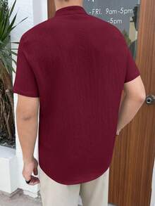 HIMLAND Men's Woven Casual Versatile Solid Color Short Sleeve Shirt - Burgundy - View 2