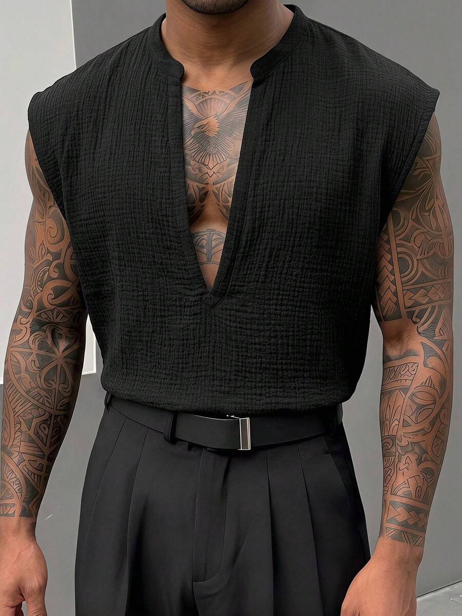 AXEPEAK Men's Summer Casual Solid Color Notch Neck Tank Top - Black - View 1