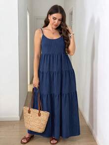 Comfylo Striped Plus Size Women's Pleated Casual Party Travel Spaghetti Strap Dress - Multicolor - View 7