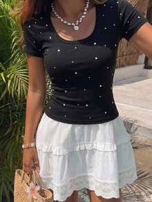 DAZY Round-Neck Rhinestone Decor Slim Fit Short Sleeve T-Shirt For Summer Casual Outfits Cute Tops,Crop Tops Women - Black - View 16