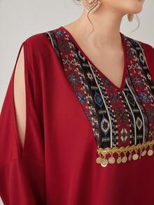 Al Najma Patchwork Besticktes Plüsch Ärmelbündchen V-ausschnitt Lockeres Kleid - Rot - Übersicht 6
