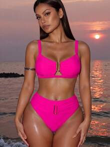 SHEIN Swim 2026春夏女款玫瑰紅加厚可調節肩帶純色金色U型飾飾高衩比基尼兩件式泳衣套裝 - 玫紅色 - 查看 1